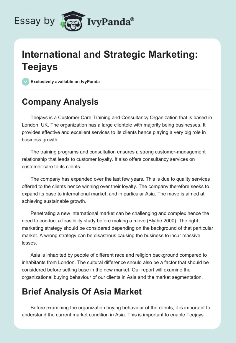 International and Strategic Marketing: Teejays. Page 1