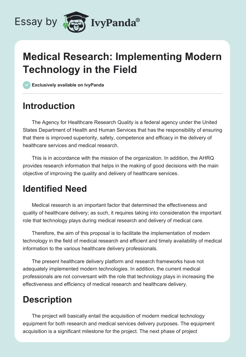 Medical Research: Implementing Modern Technology in the Field. Page 1