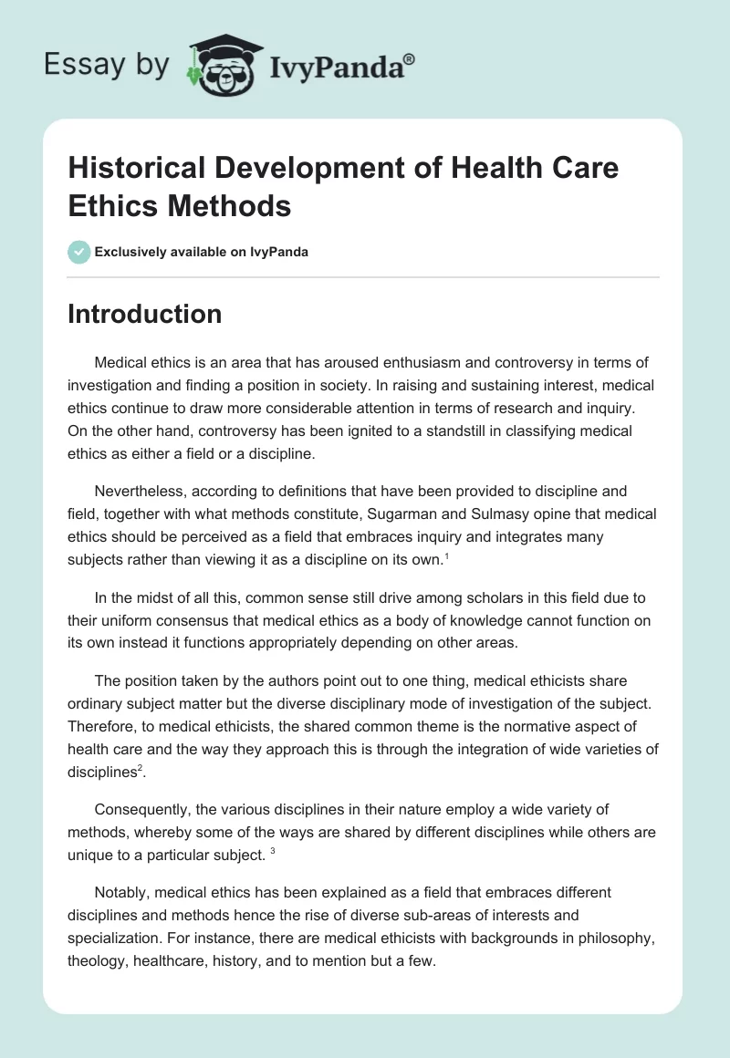 Historical Development of Health Care Ethics Methods. Page 1