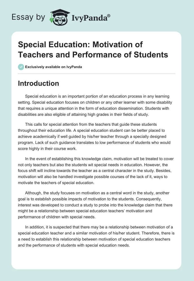 Special Education: Motivation of Teachers and Performance of Students. Page 1