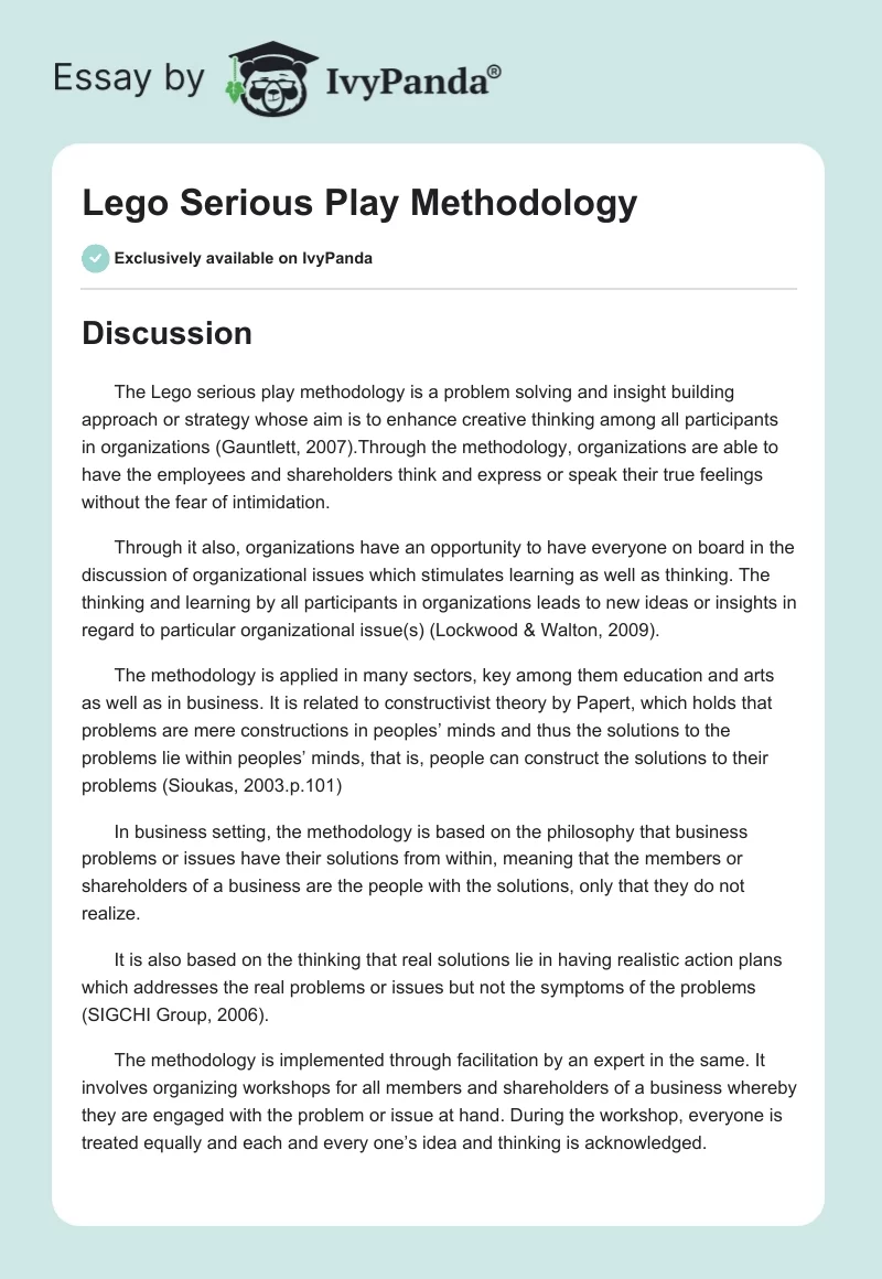 Lego Serious Play Methodology. Page 1
