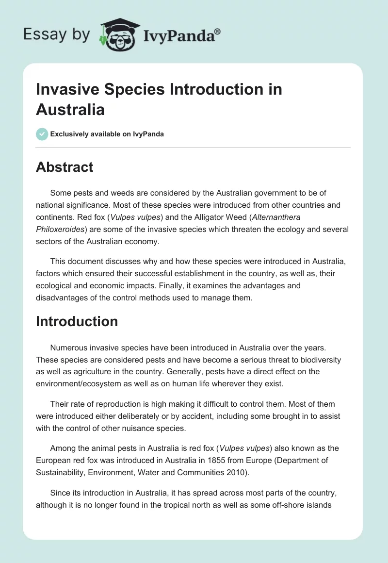 Invasive Species Introduction in Australia. Page 1