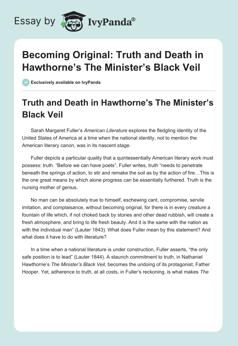 Becoming Original: Truth and Death in Hawthorne’s The Minister’s Black Veil. Page 1