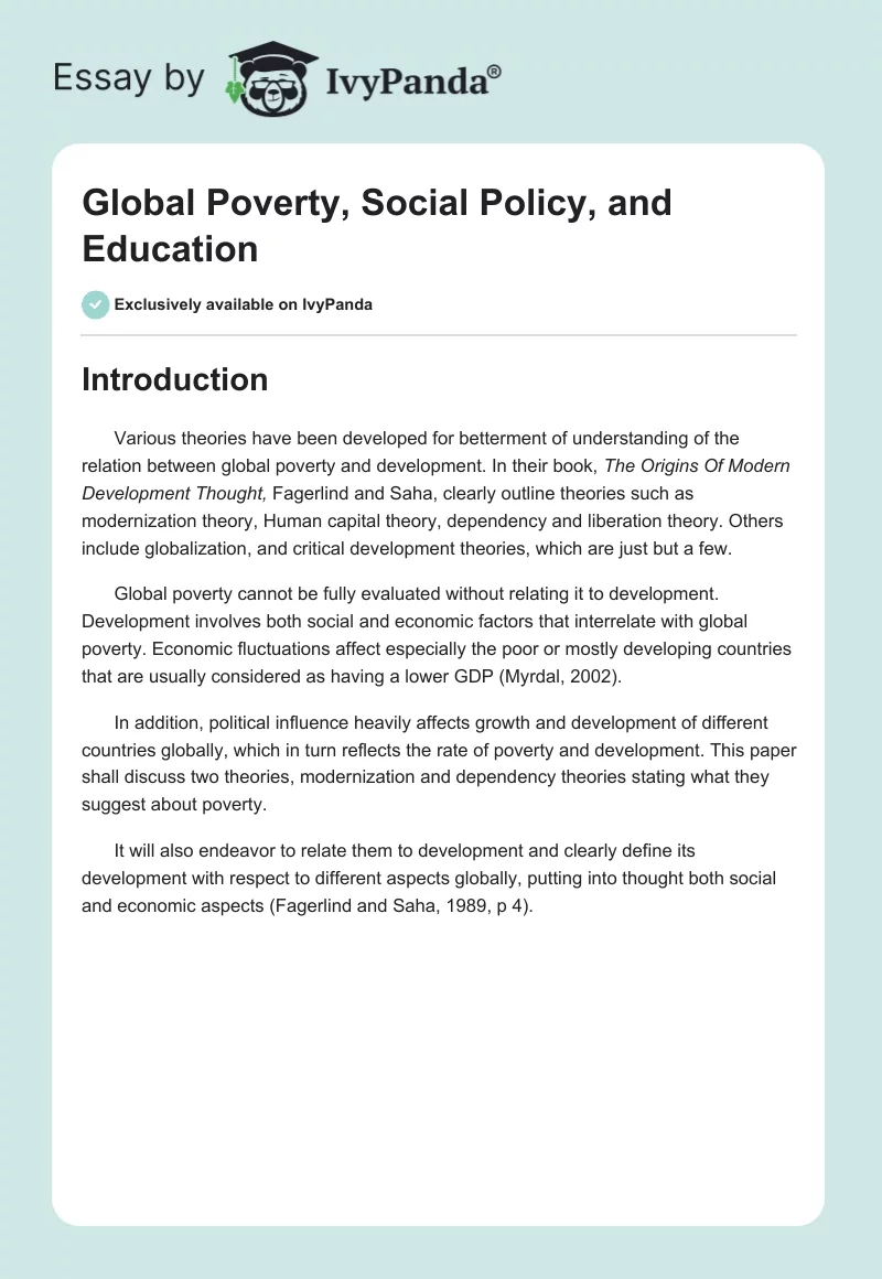 Global Poverty, Social Policy, and Education. Page 1