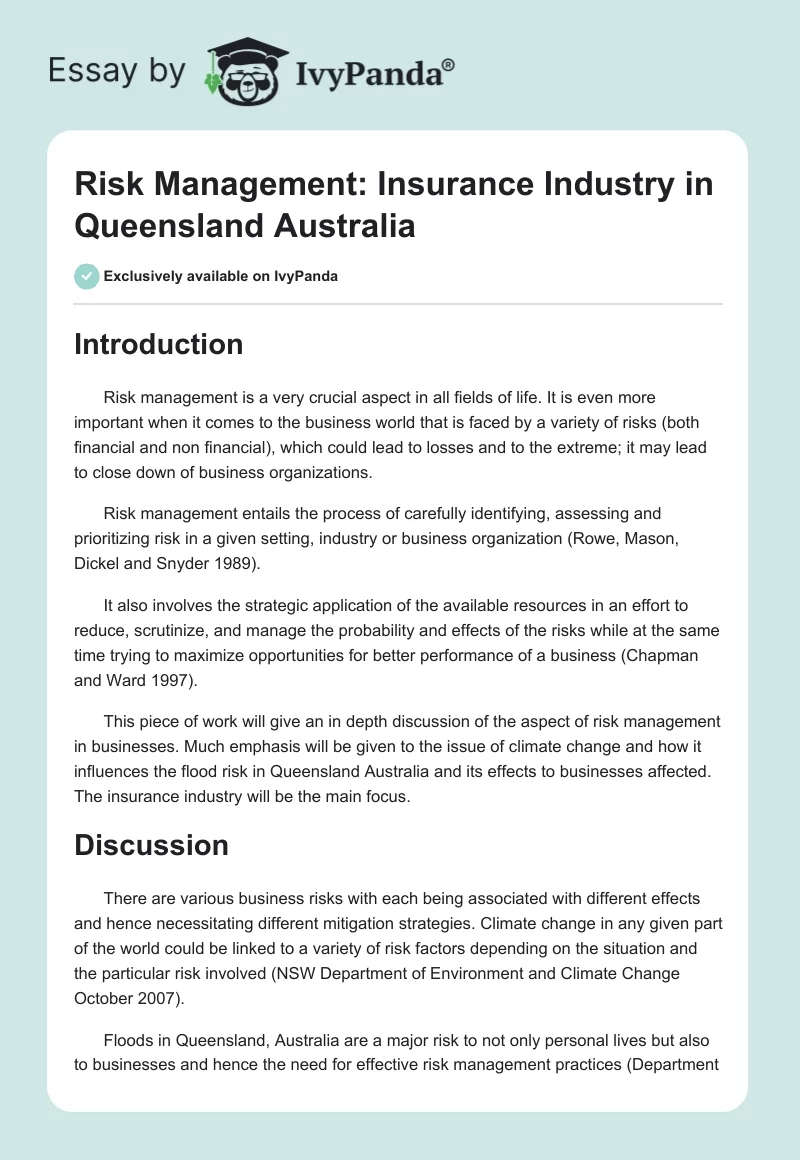 Risk Management: Insurance Industry in Queensland Australia. Page 1