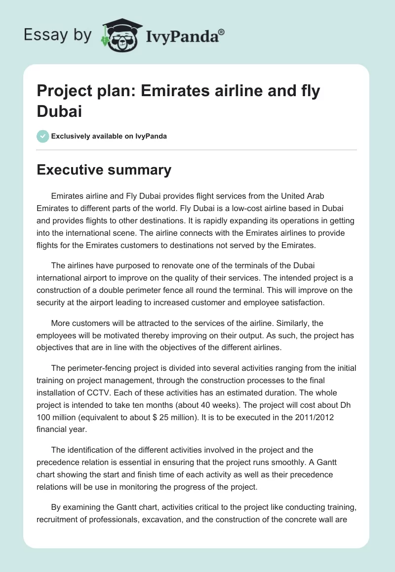 Project Plan: Emirates Airline and Fly Dubai. Page 1