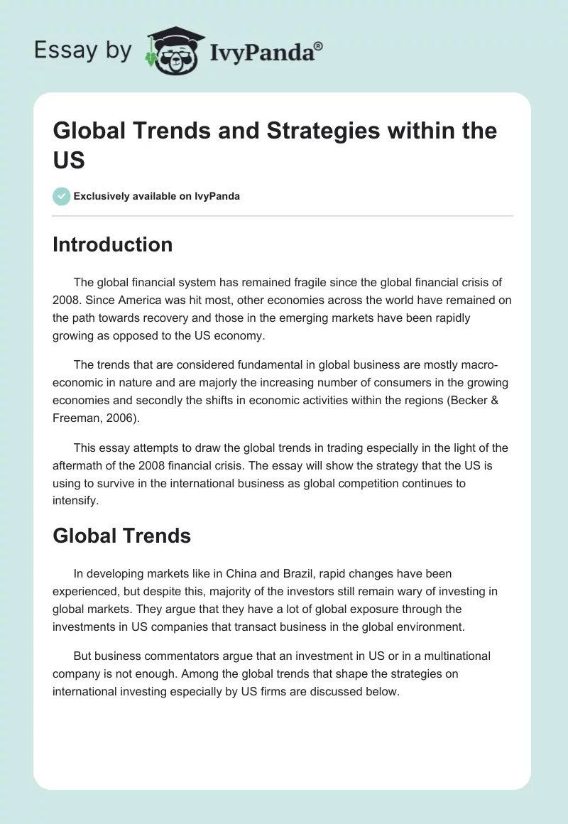 Global Trends and Strategies within the US. Page 1