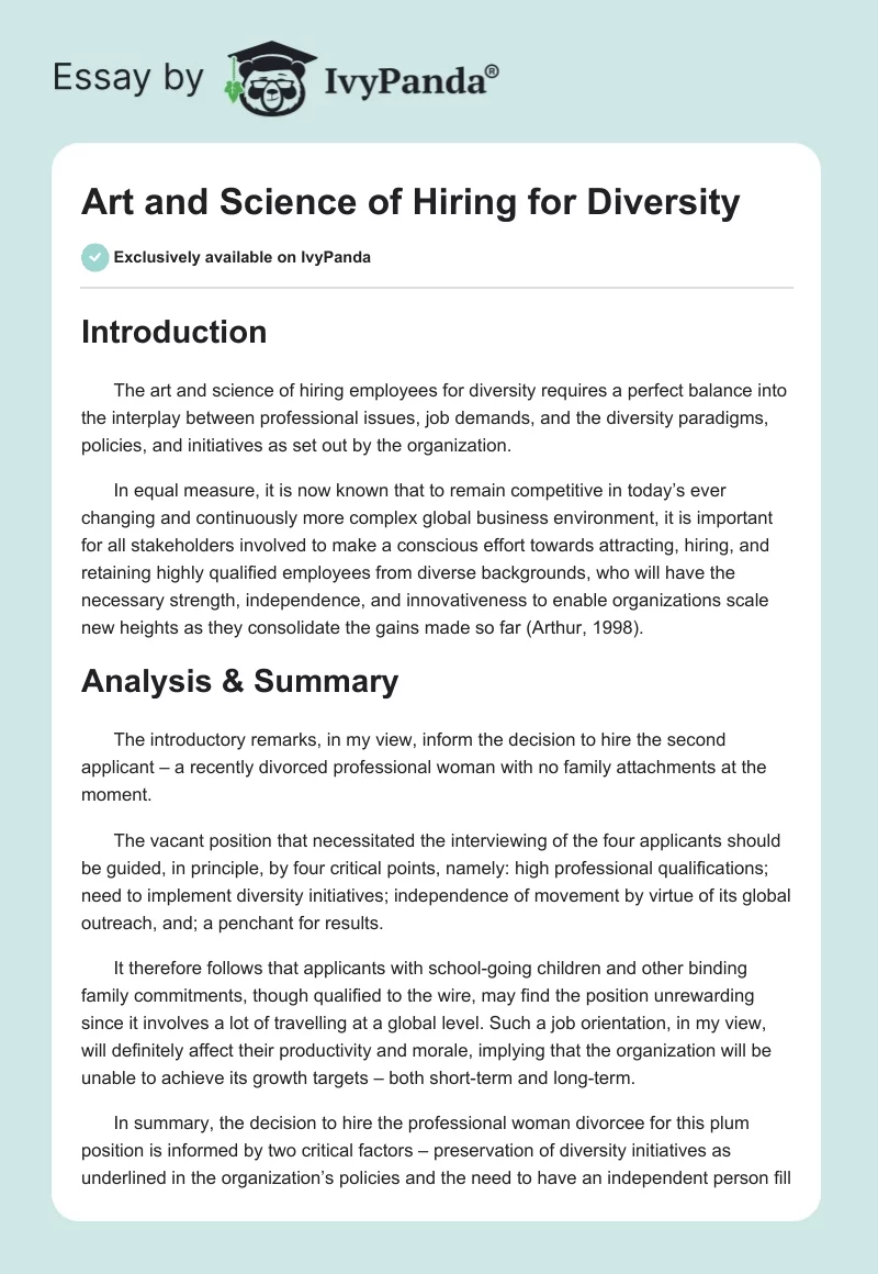 Art and Science of Hiring for Diversity. Page 1