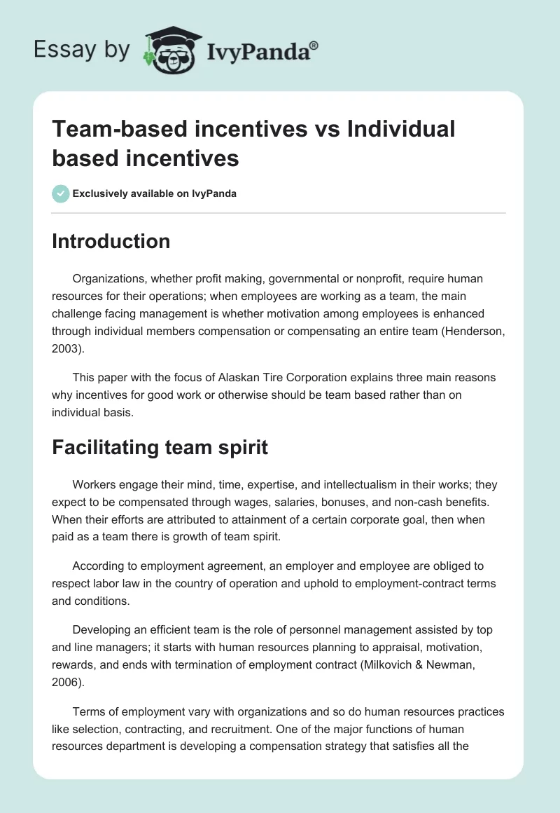 Team-based incentives vs Individual based incentives. Page 1