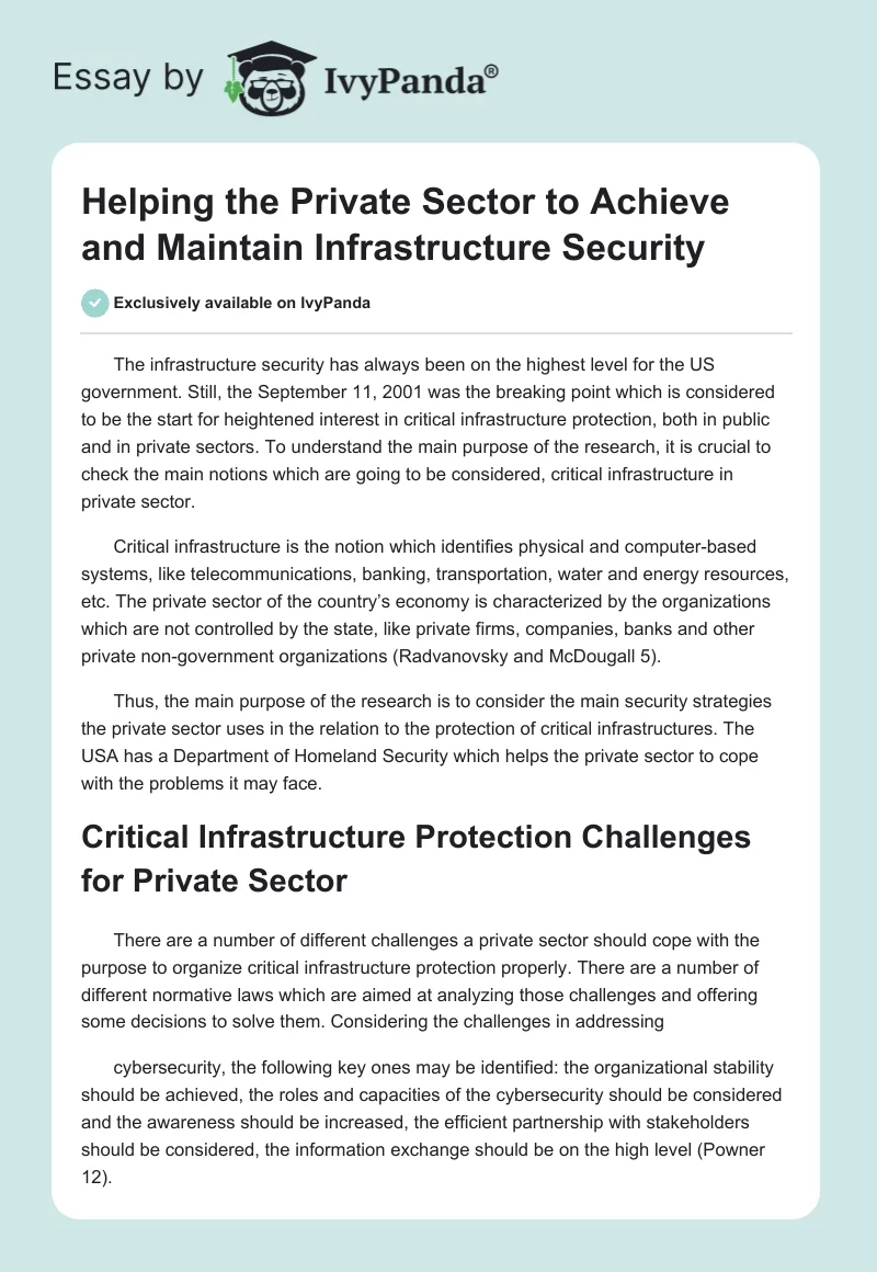 Helping the Private Sector to Achieve and Maintain Infrastructure Security. Page 1