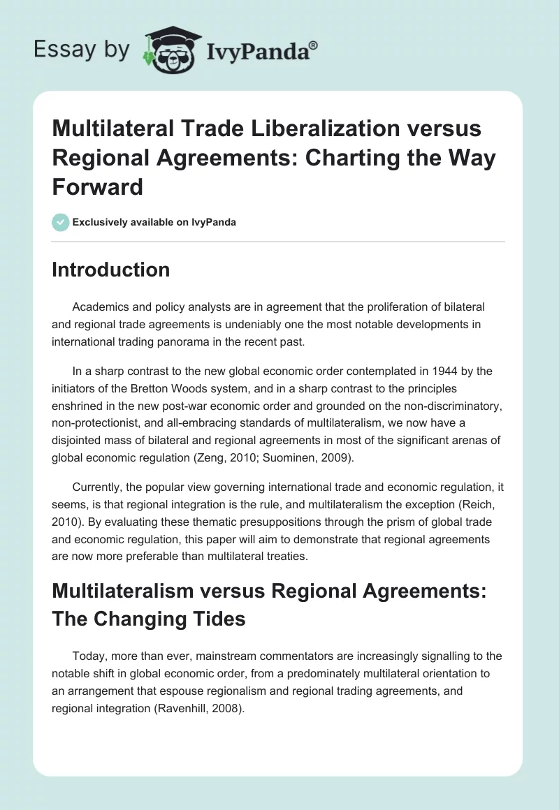 Multilateral Trade Liberalization Versus Regional Agreements: Charting the Way Forward. Page 1