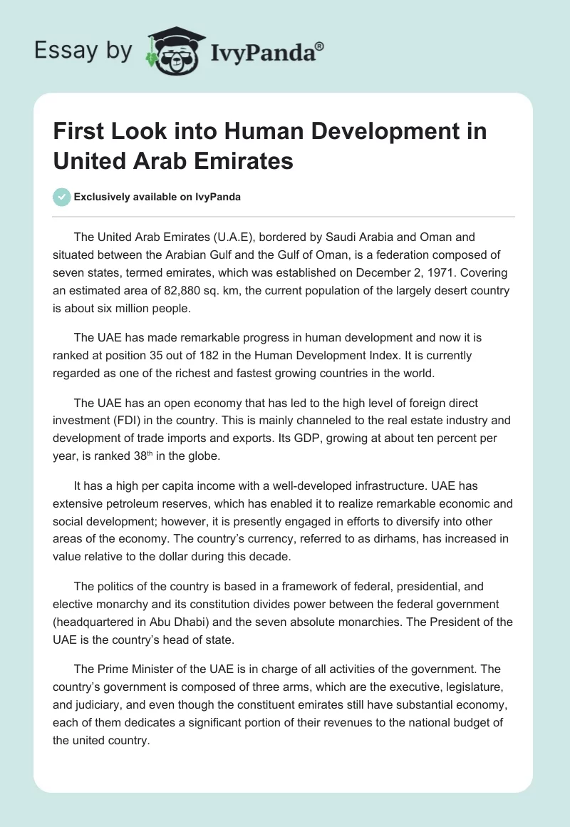 First Look into Human Development in United Arab Emirates. Page 1