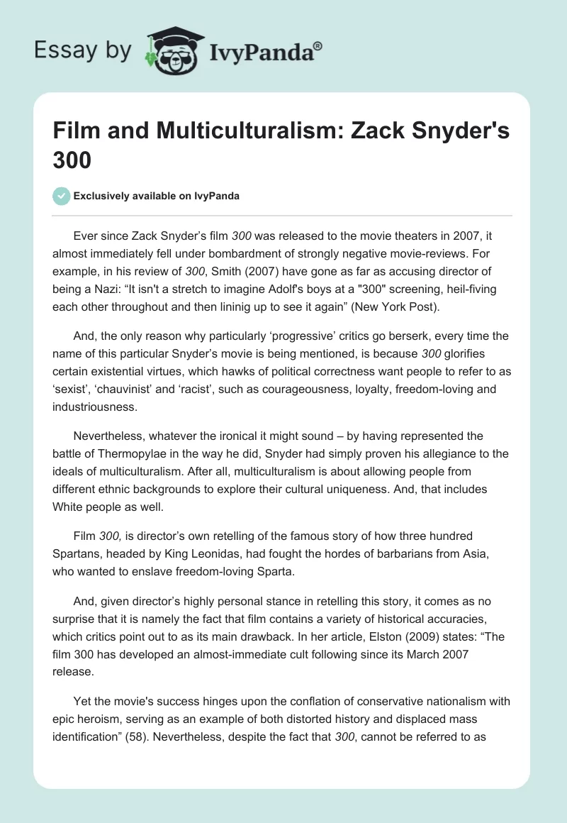 Film and Multiculturalism: Zack Snyder's "300". Page 1