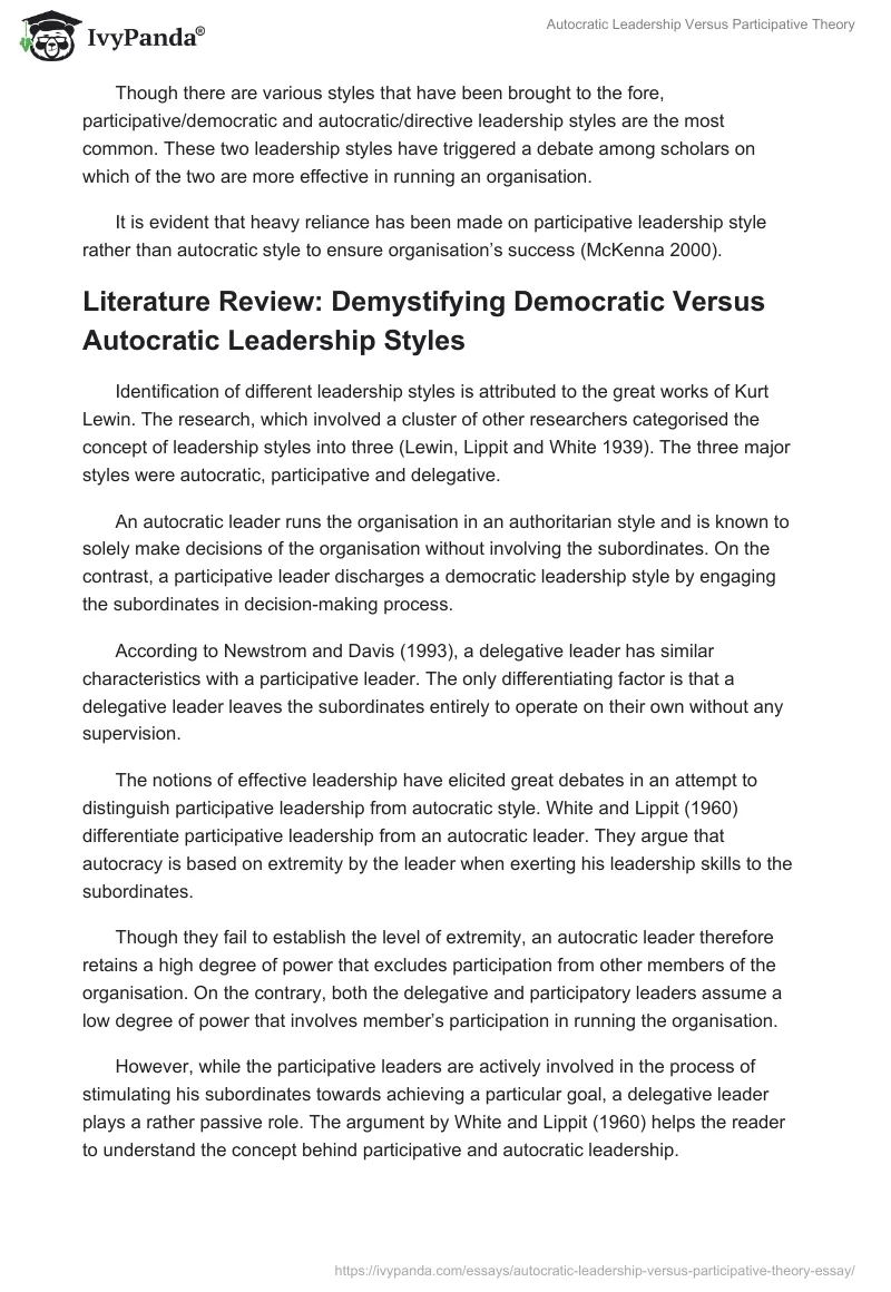 Autocratic Leadership Versus Participative Theory. Page 2
