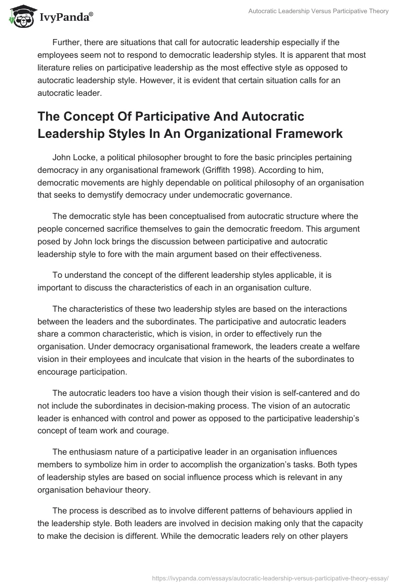 Autocratic Leadership Versus Participative Theory. Page 4