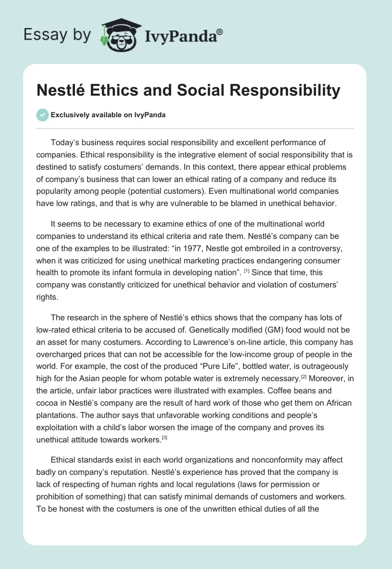 Nestlé Ethics and Social Responsibility. Page 1