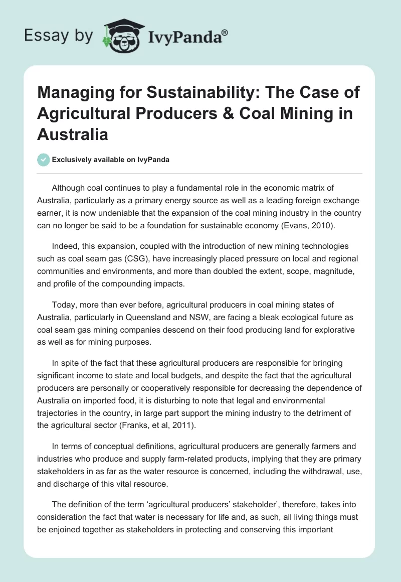 Managing for Sustainability: The Case of Agricultural Producers & Coal Mining in Australia. Page 1