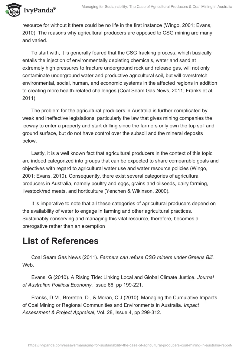 Managing for Sustainability: The Case of Agricultural Producers & Coal Mining in Australia. Page 2