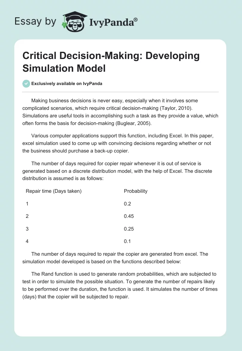 Critical Decision-Making: Developing Simulation Model. Page 1