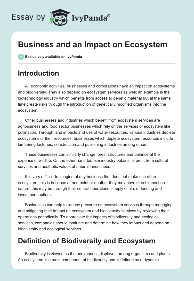 Business and an Impact on Ecosystem. Page 1