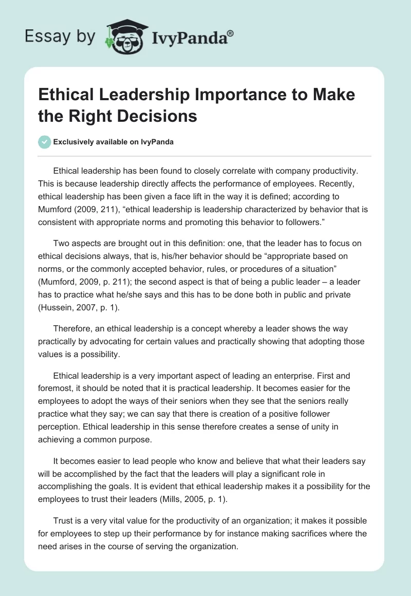 Ethical Leadership Importance to Make the Right Decisions. Page 1