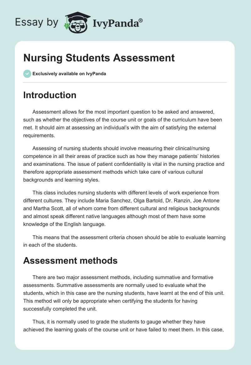 Nursing Students Assessment. Page 1
