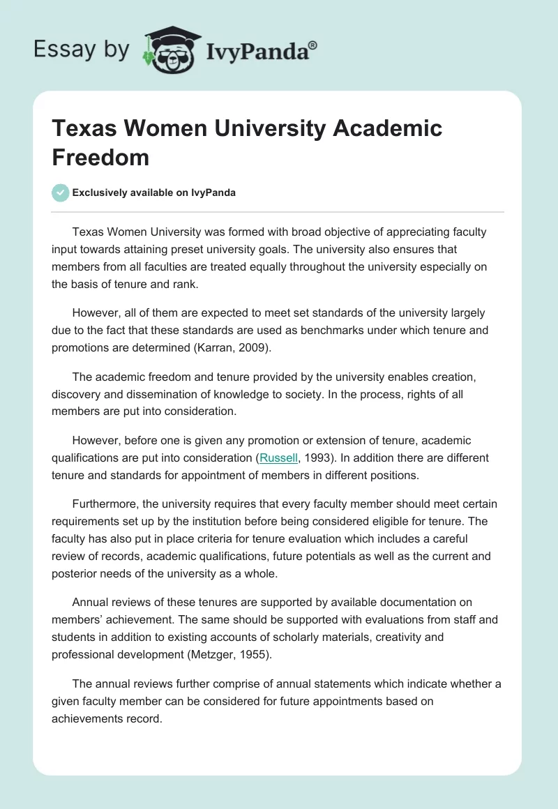 Texas Women University Academic Freedom. Page 1