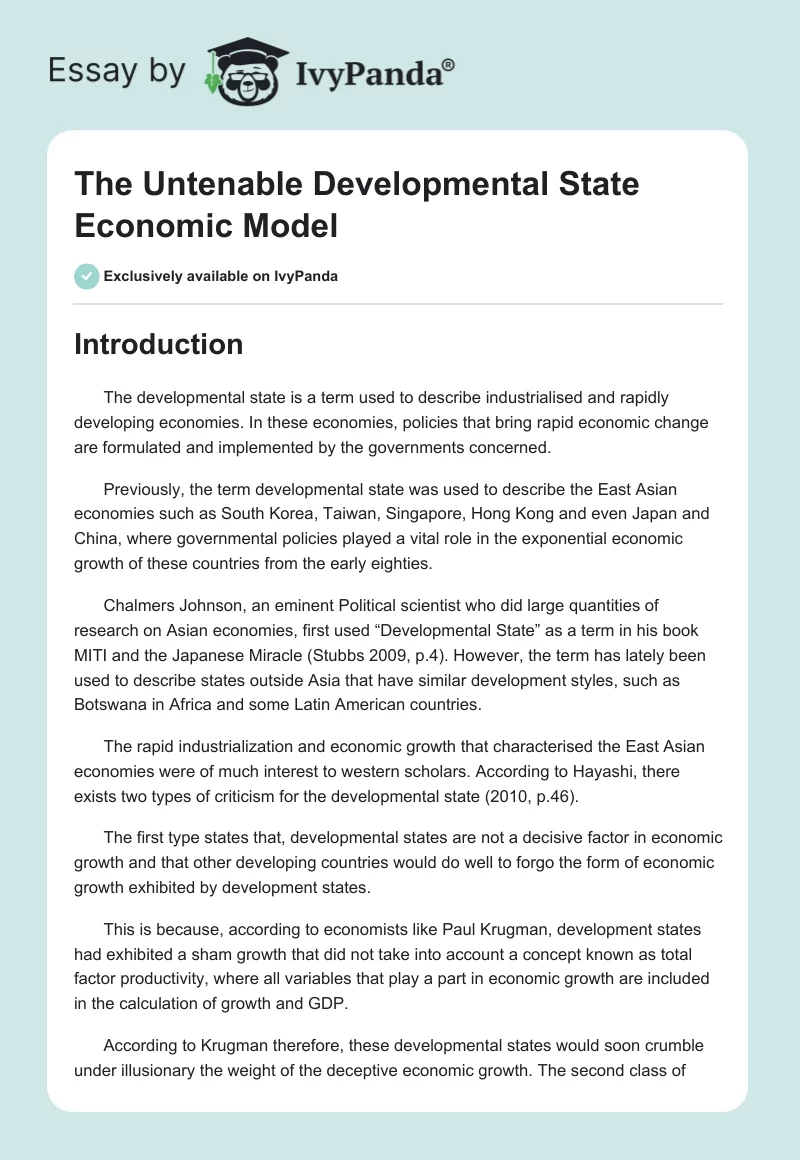 The Untenable Developmental State Economic Model. Page 1