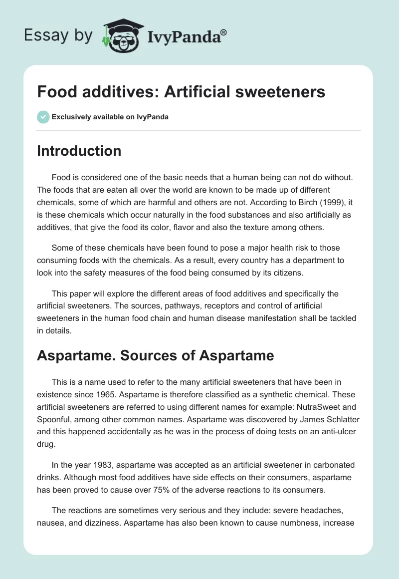 Food additives: Artificial sweeteners. Page 1