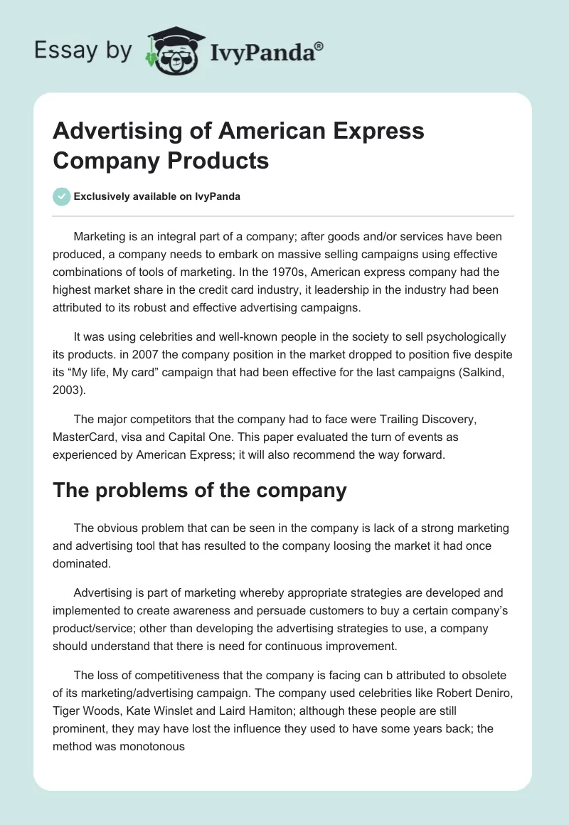 Advertising of American Express Company Products. Page 1