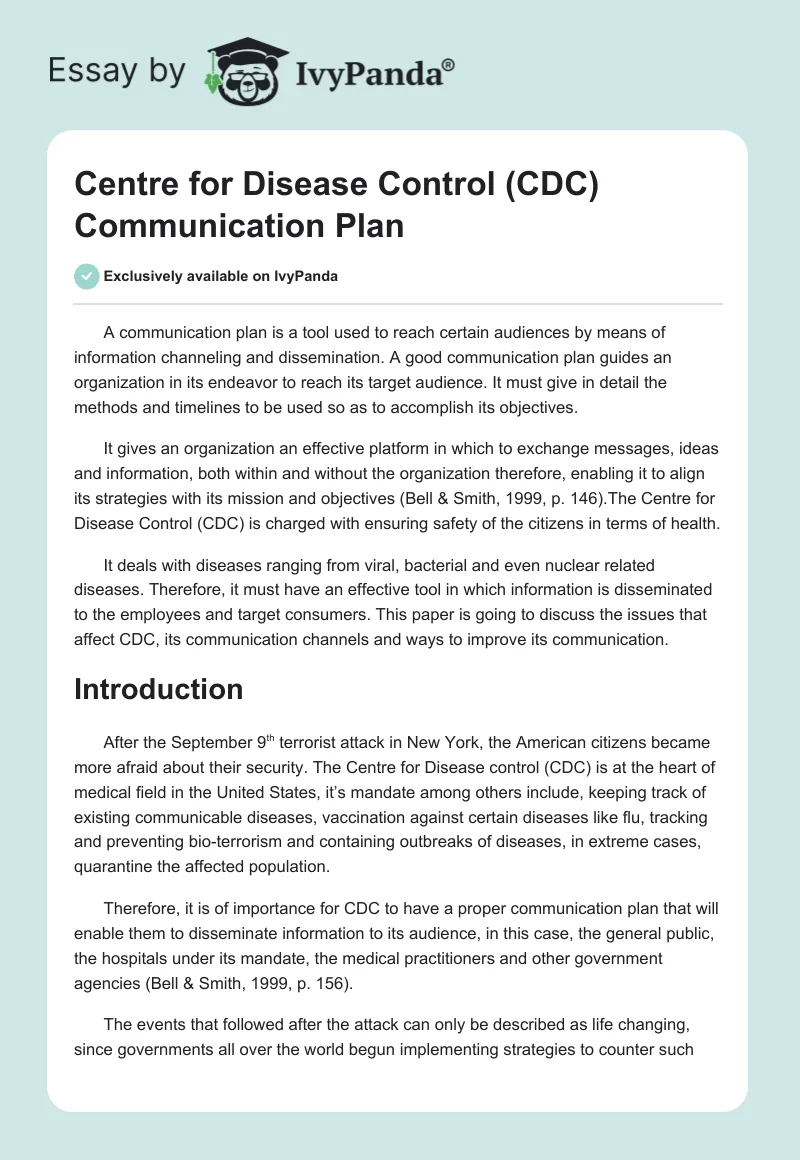 Centre for Disease Control (CDC) Communication Plan. Page 1