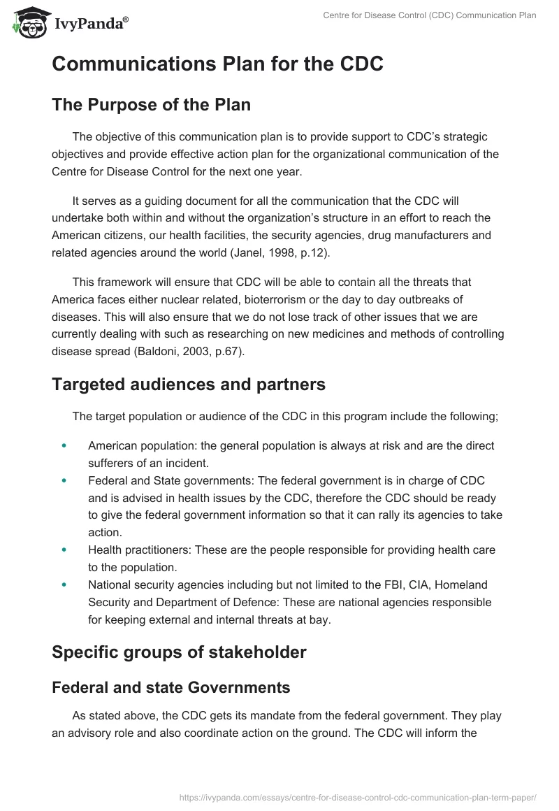Centre for Disease Control (CDC) Communication Plan. Page 3