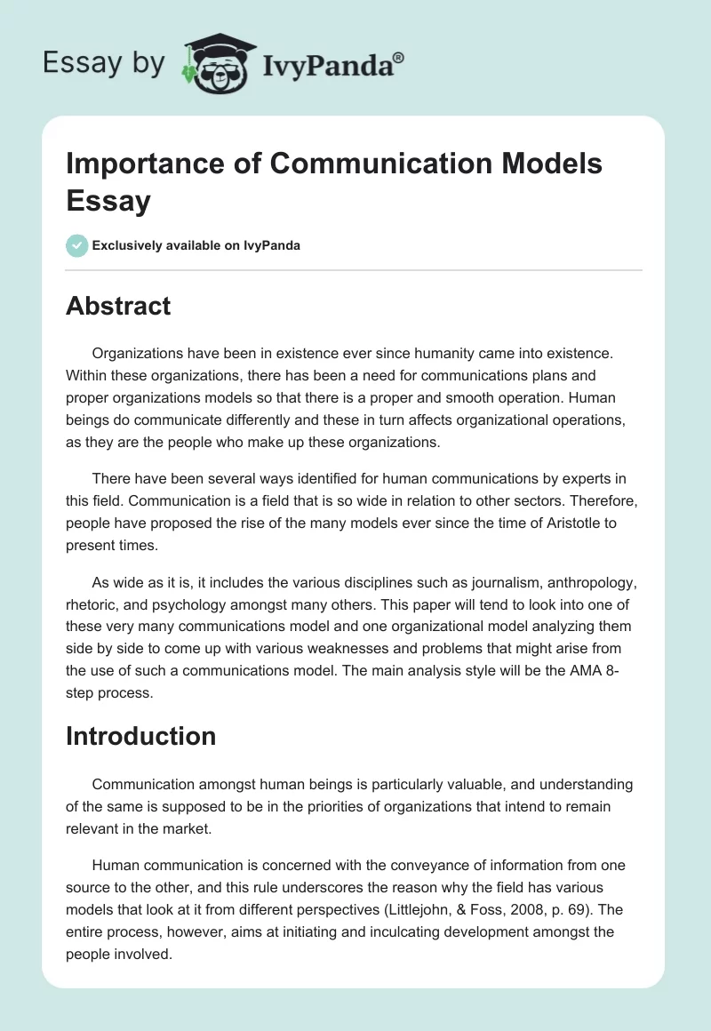 Importance of Communication Models Essay. Page 1