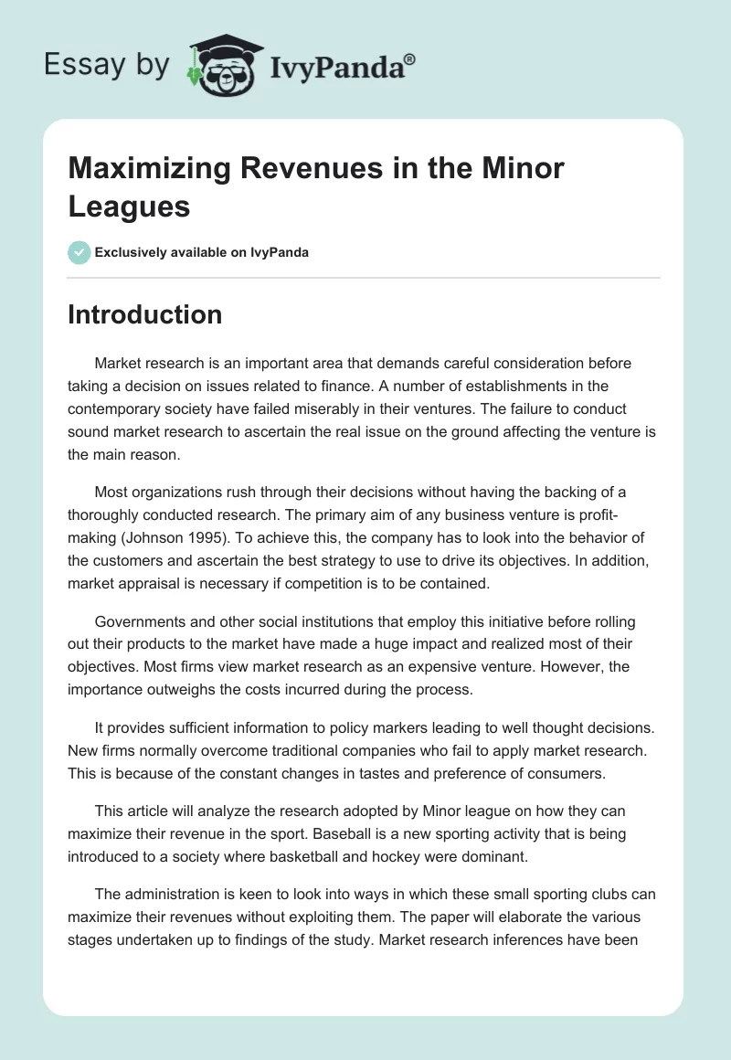 Maximizing Revenues in the Minor Leagues. Page 1