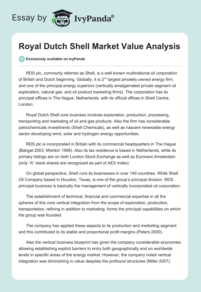 Royal Dutch Shell Market Value Analysis. Page 1
