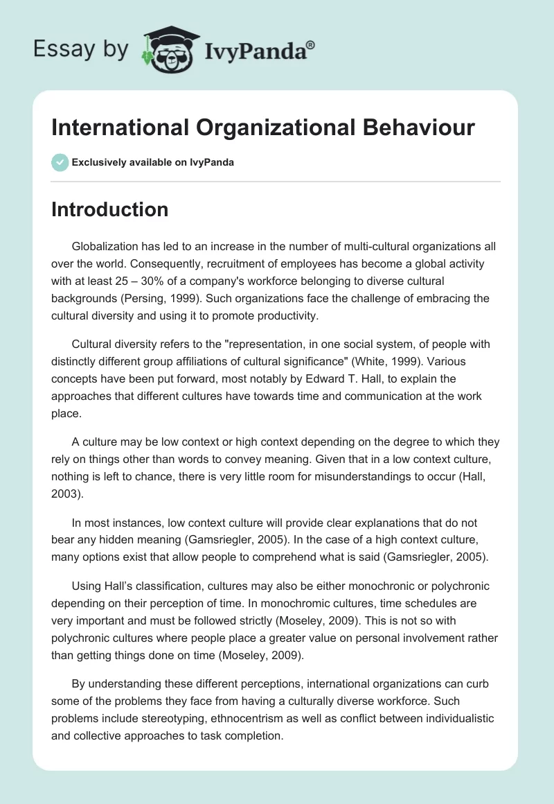 International Organizational Behaviour. Page 1