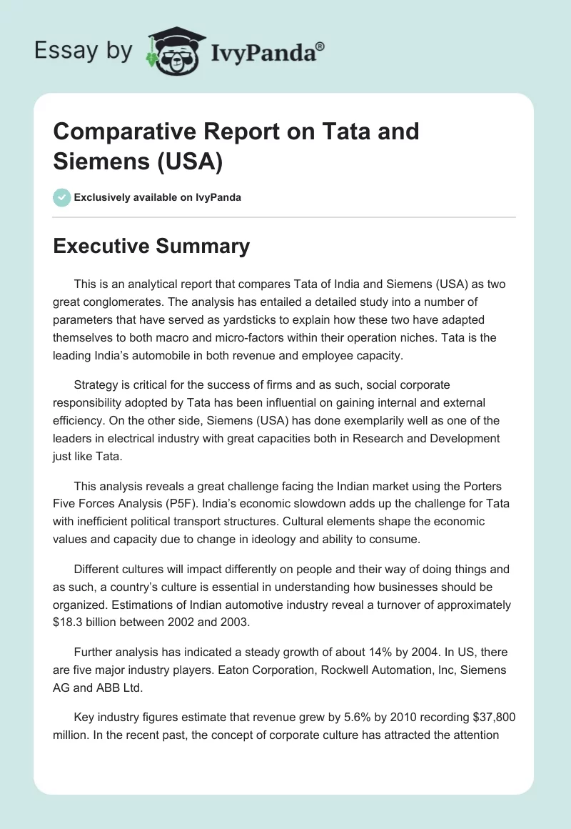 Comparative Report on Tata and Siemens (USA). Page 1