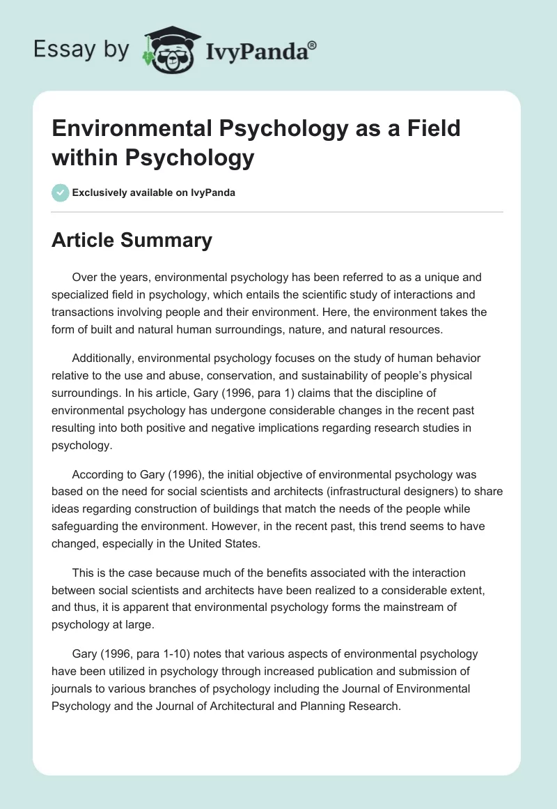 Environmental Psychology as a Field Within Psychology. Page 1