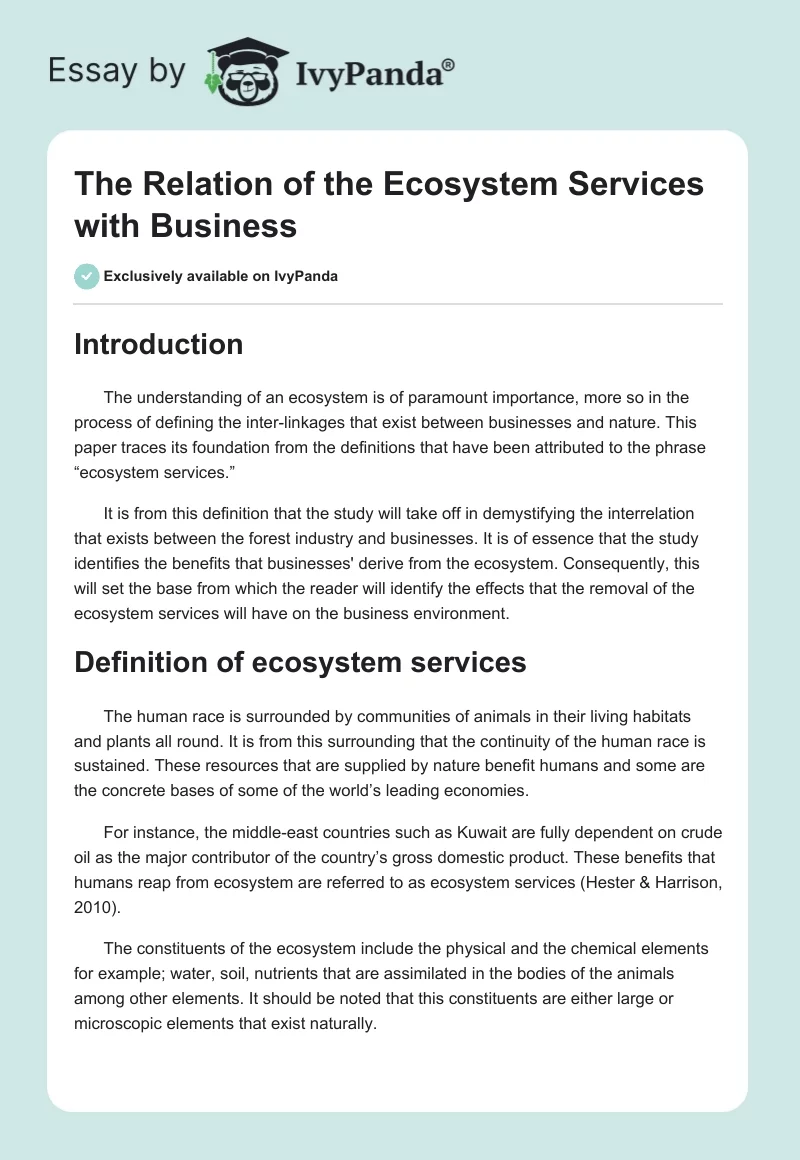 The Relation of the Ecosystem Services with Business. Page 1