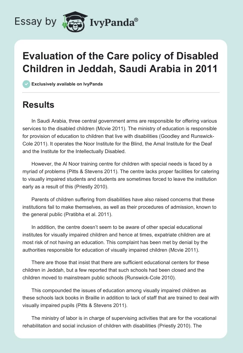 Evaluation of the Care policy of Disabled Children in Jeddah, Saudi Arabia in 2011. Page 1