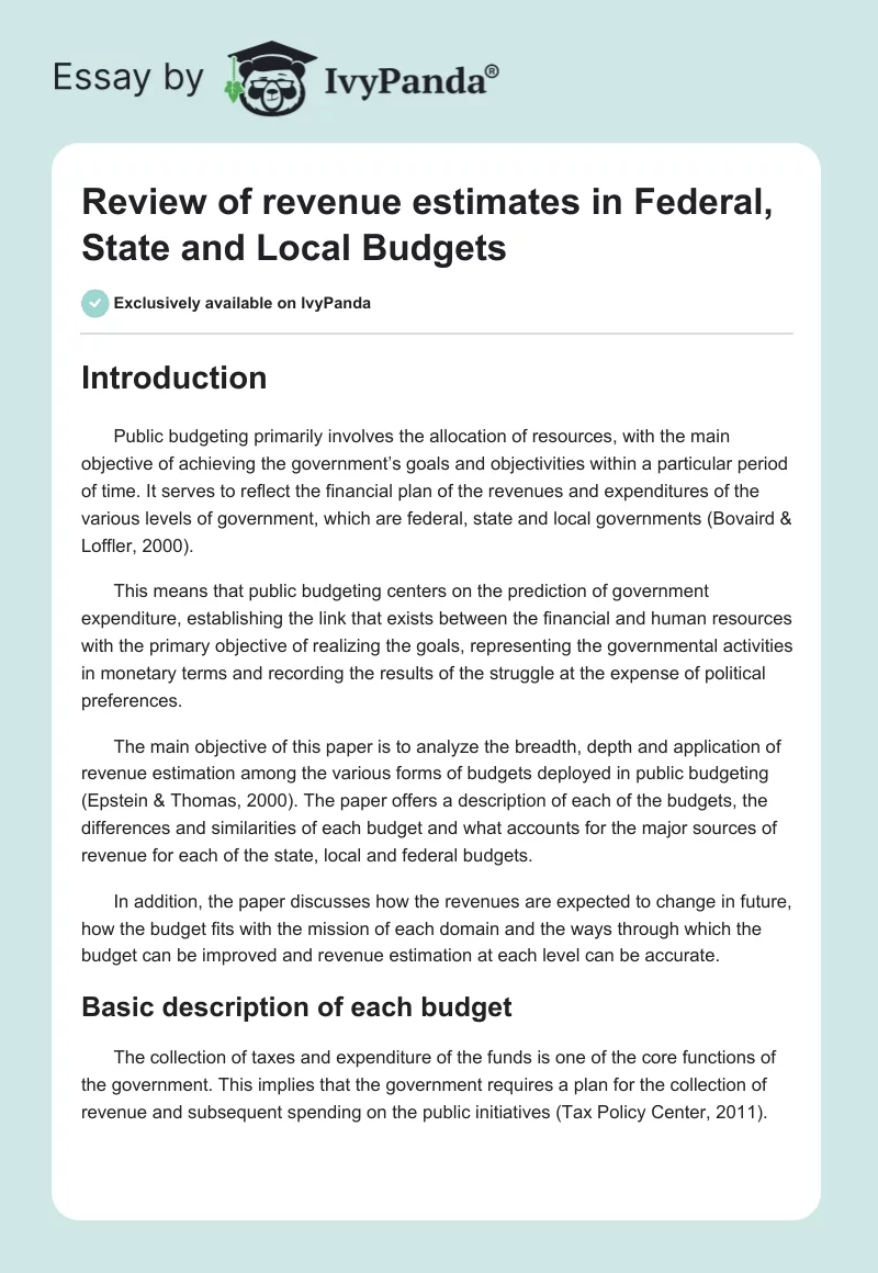 Review of revenue estimates in Federal, State and Local Budgets. Page 1