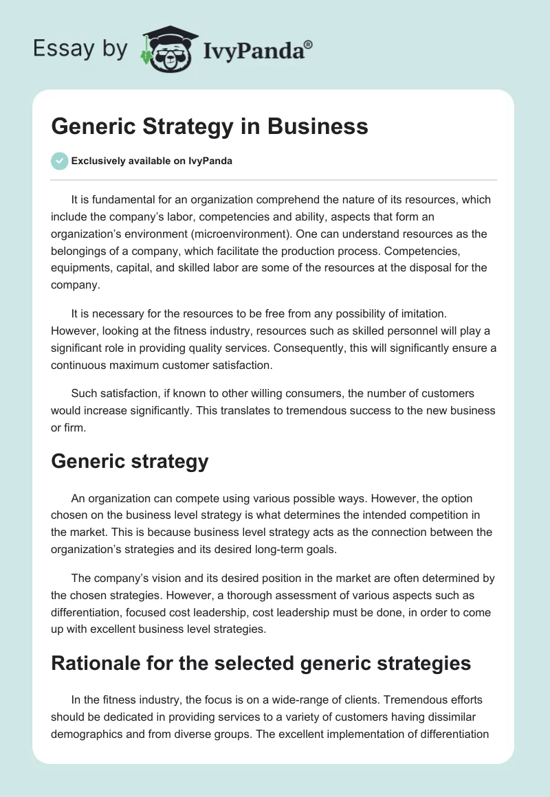 Generic Strategy in Business. Page 1