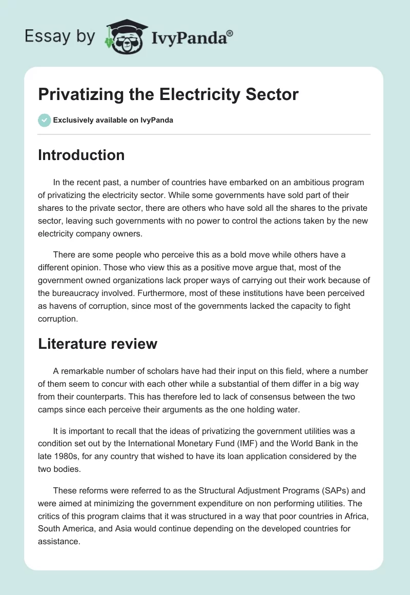 Privatizing the Electricity Sector. Page 1