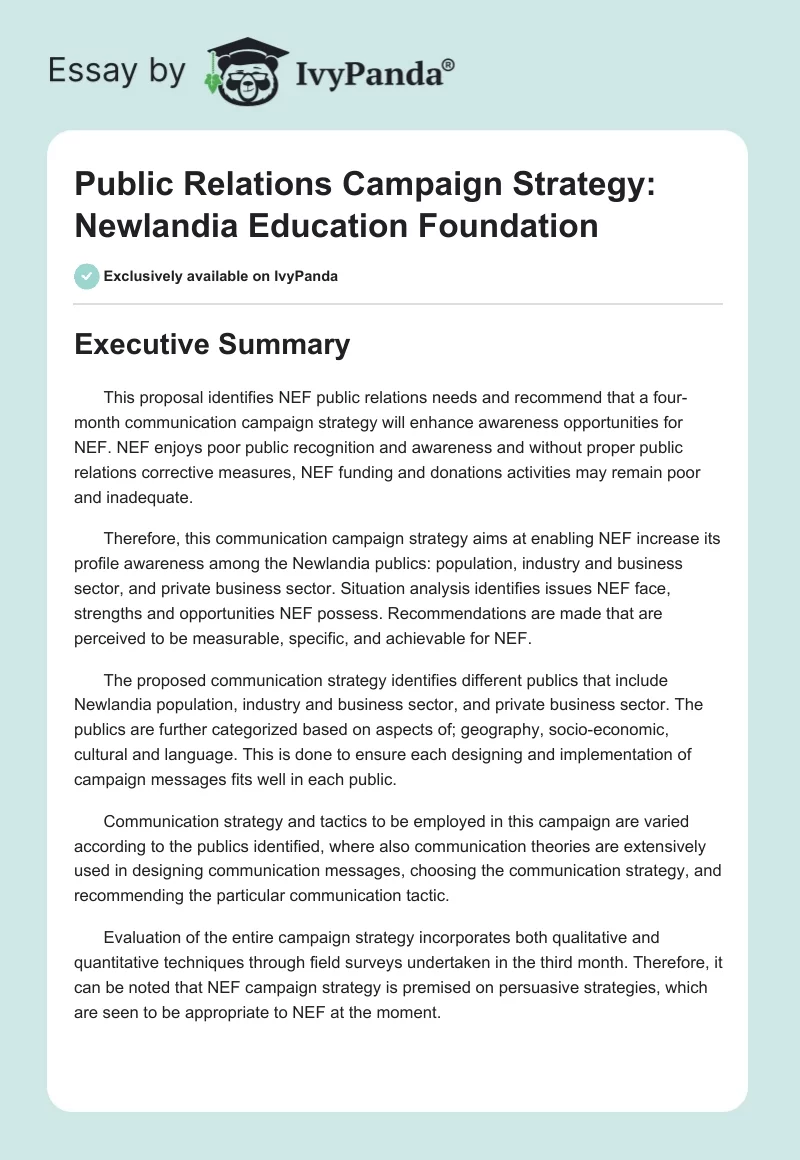 Public Relations Campaign Strategy: Newlandia Education Foundation. Page 1