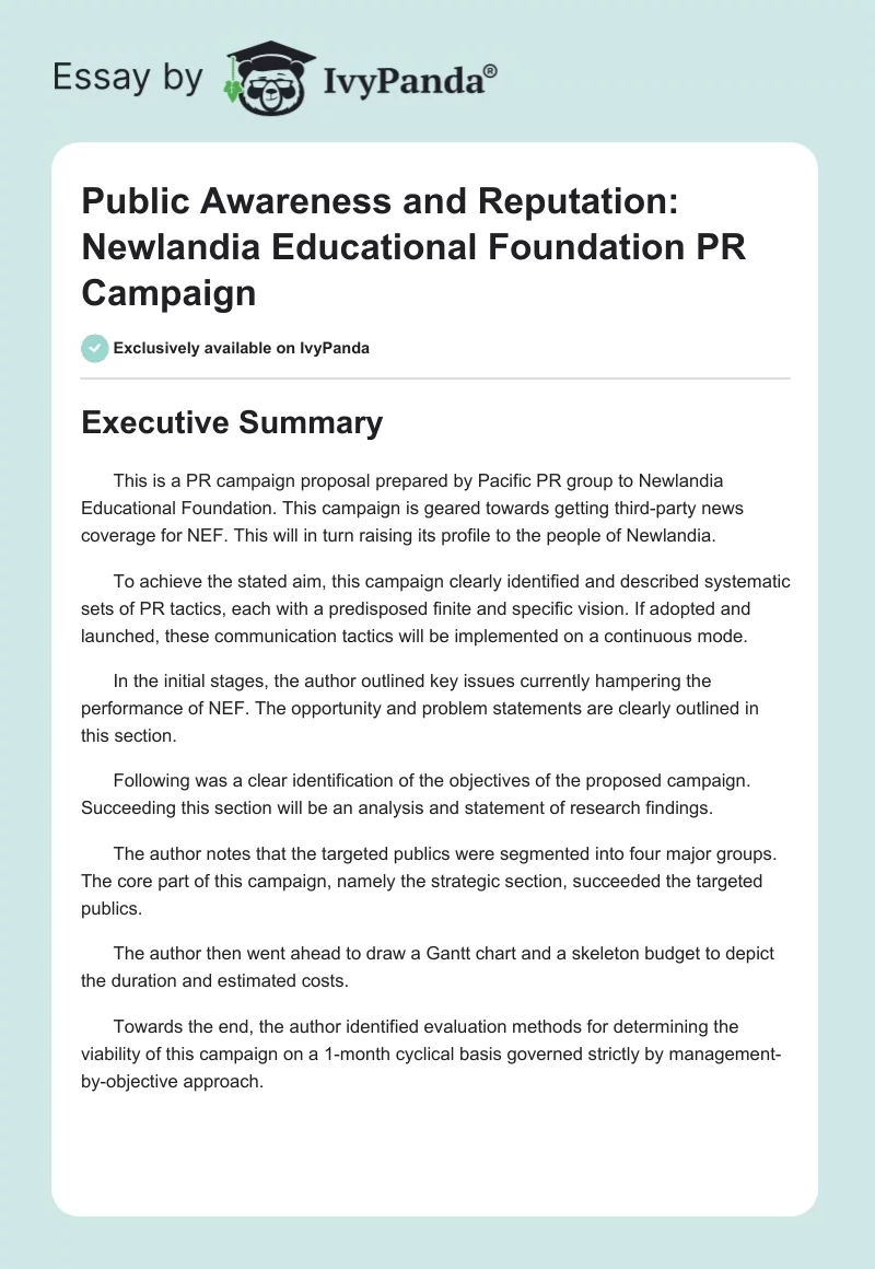 Public Awareness and Reputation: Newlandia Educational Foundation PR Campaign. Page 1