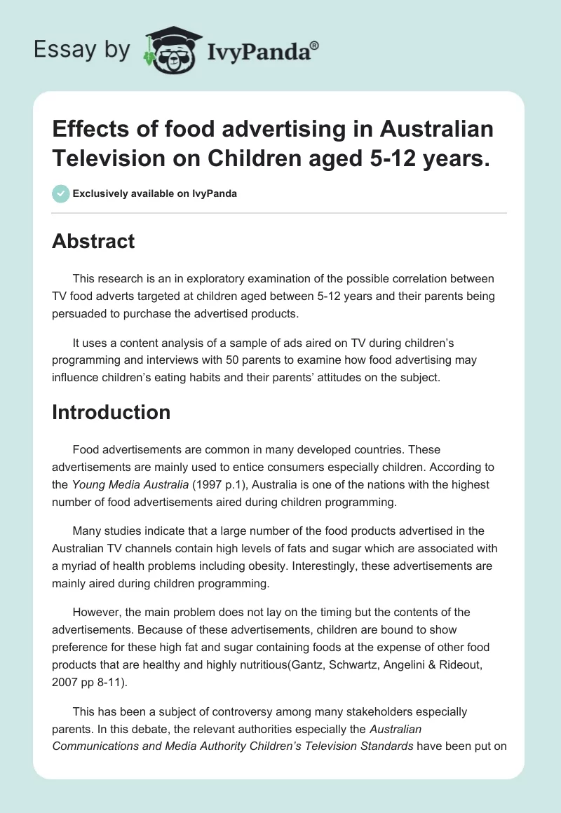 Effects of Food Advertising in Australian Television on Children Aged 5-12 Years. Page 1