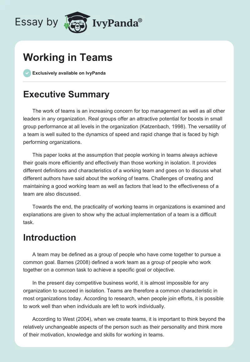Working in Teams. Page 1