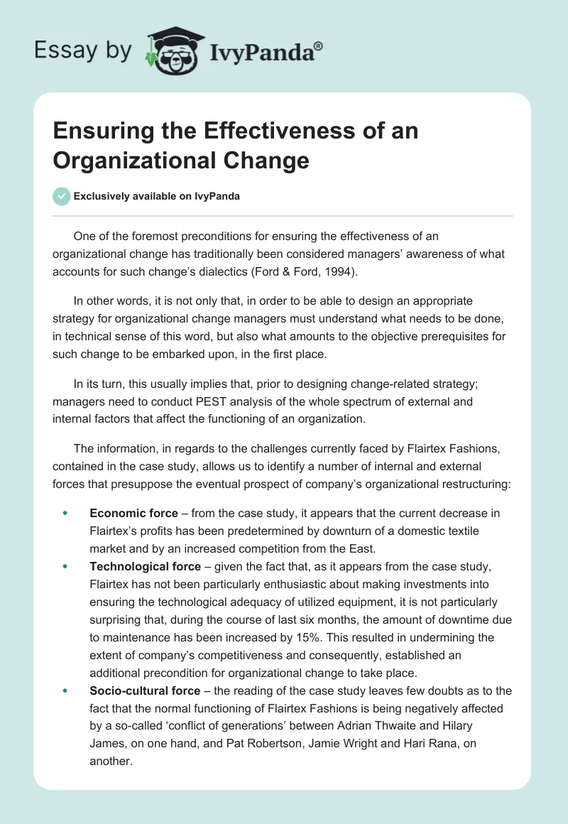 Ensuring the Effectiveness of an Organizational Change. Page 1