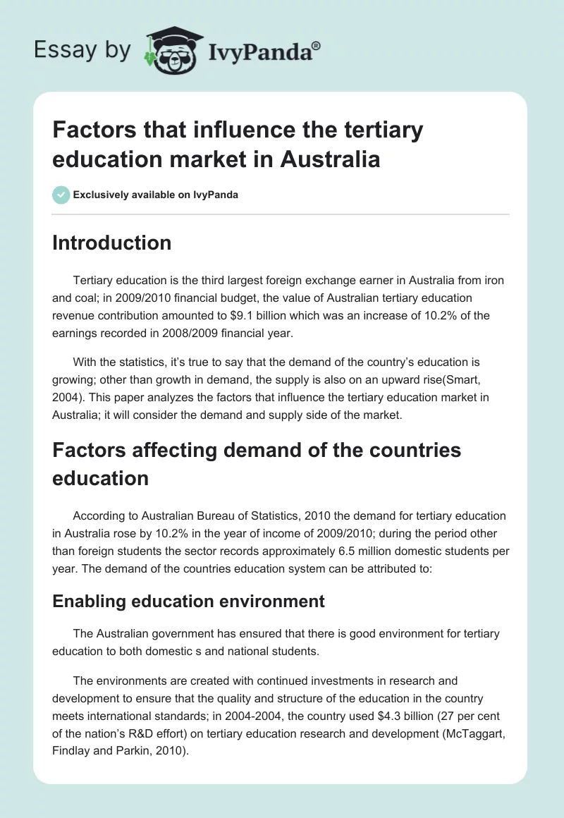 Factors that influence the tertiary education market in Australia. Page 1