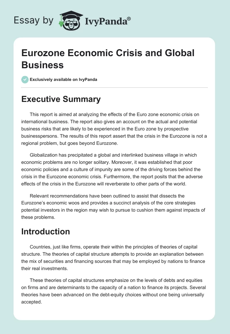 Eurozone Economic Crisis and Global Business. Page 1